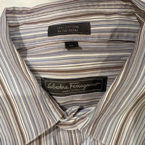 Salavatore Ferragamo Blue/Brown- Striped Button Down Sport Shirt - Picture 2 of 2